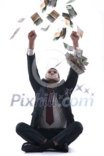 Portrait of a business man holding and catch falling money bills, isolated on white background in studio Portrait of a business man holding and catch falling money bills, isolated on white background in studio