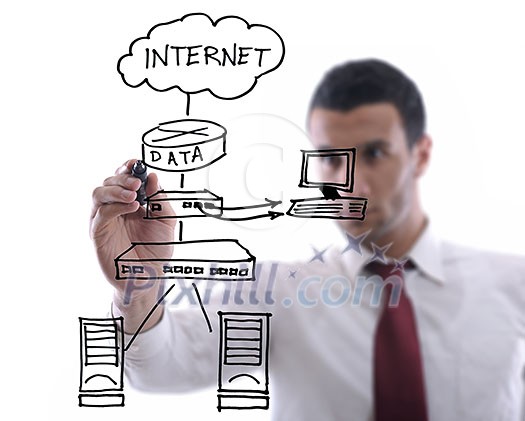 business man draw cloud computing chart on glass isolated over white background in studio business man draw cloud computing chart on glass isolated over white background in studio