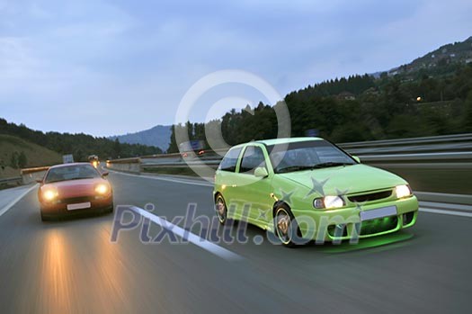 Fast tuning cars racing on the highway Fast tuning cars racing on the highway