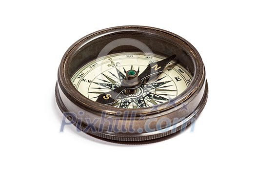 Old vintage retro golden compass isolated. Top view Old vintage retro golden compass isolated. Top view
