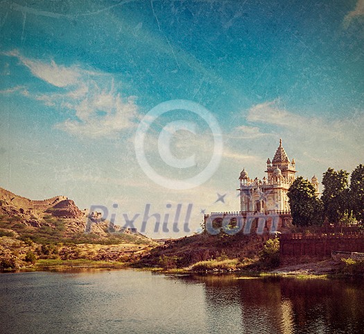 Vintage retro hipster style travel image of Jaswanth Thada mausoleum, Jodhpur, Rajasthan, India with grunge texture overlaid Vintage retro hipster style travel image of Jaswanth Thada mausoleum, Jodhpur, Rajasthan, India with grunge texture overlaid