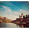 Vintage retro hipster style travel image of Jaswanth Thada mausoleum, Jodhpur, Rajasthan, India with grunge texture overlaid