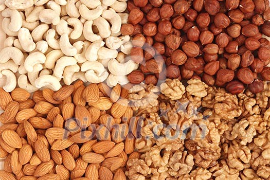 Different nuts (almons, cashews, walnuts and filbers) close up Different nuts (almons, cashews, walnuts and filbers) close up