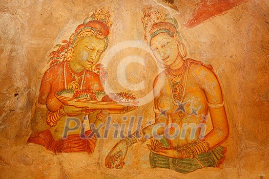 Ancient famous wall paintings (frescoes) at Sigirya, Sri Lanka Ancient famous wall paintings (frescoes) at Sigirya, Sri Lanka