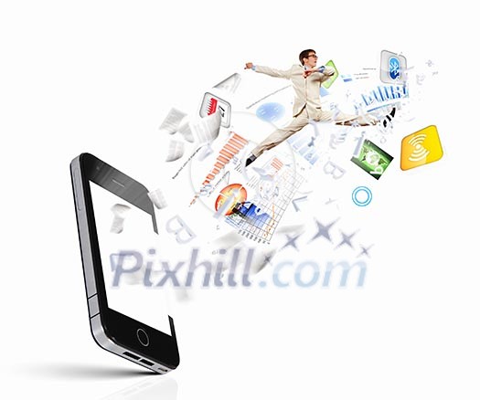 Image of businessman jumping out of mobile phone Image of businessman jumping out of mobile phone
