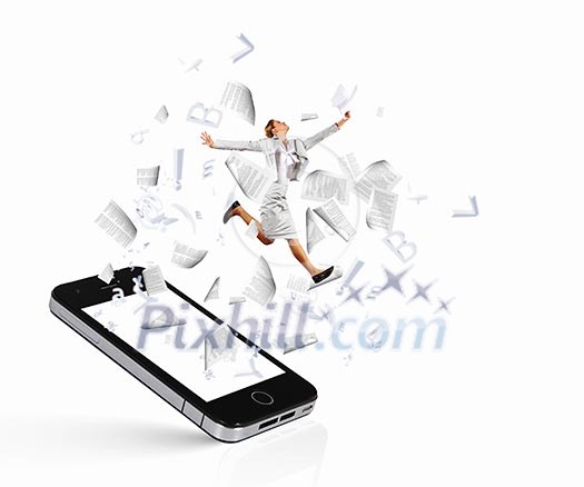 Image of businesswoman jumping out of mobile phone Image of businesswoman jumping out of mobile phone