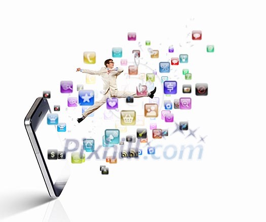 Image of businessman jumping out of mobile phone Image of businessman jumping out of mobile phone
