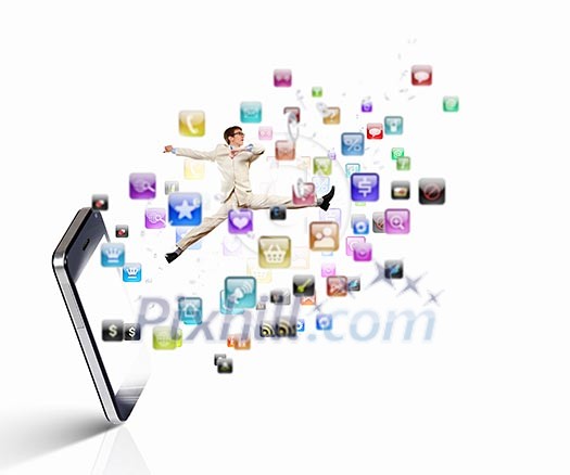 Image of businessman jumping out of mobile phone