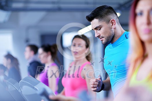 group of young people running on treadmills in modern sport gym group of young people running on treadmills in modern sport gym