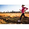 Young woman running outdoors on a lovely sunny winter/fall day (motion blurred image)