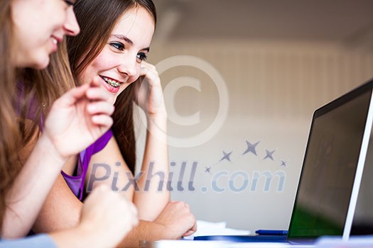 Two female college students working on a laptop computer during class (color toned image) Two female college students working on a laptop computer during class (color toned image)