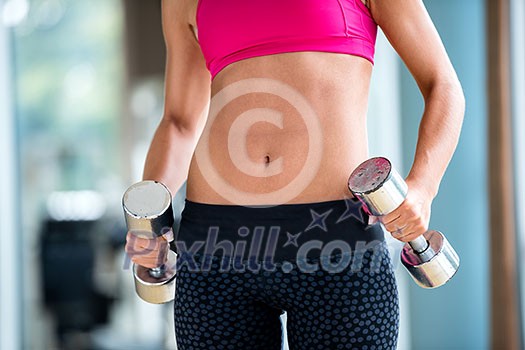Gorgeou woman girl lifting some weights and working on her biceps in a gym Gorgeou woman girl lifting some weights and working on her biceps in a gym