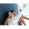cheerful happy young couple making selfie together at home