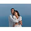 happy young romantic couple have fun relax smile at modern home outdoor terace balcony terace