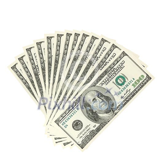 Hundreds of dollars spread on white background Hundreds of dollars spread on white background