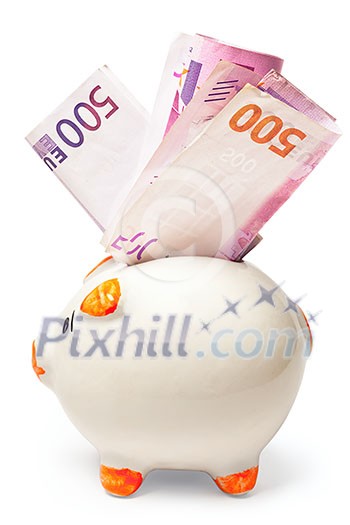 White piggy bank stuffed with euro isolated on white background White piggy bank stuffed with euro isolated on white background
