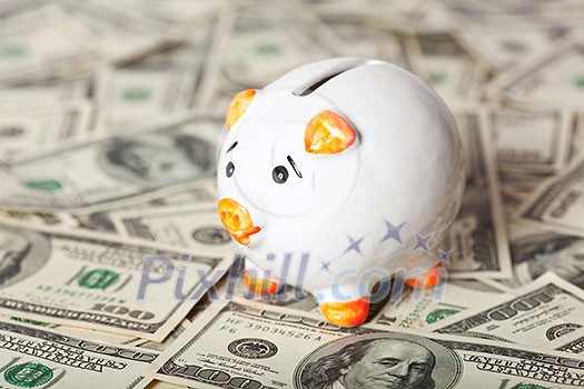 Piggy bank on dollars background Piggy bank on dollars background