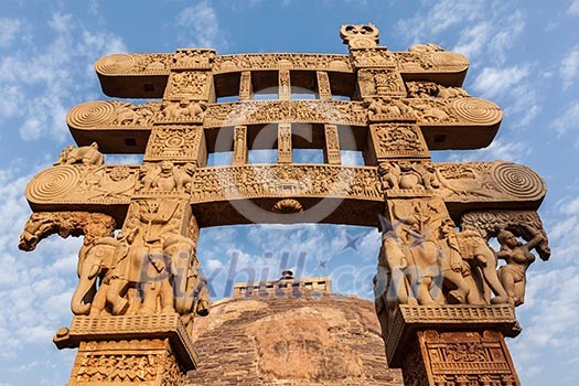 Gateway decoration of Great Stupa - ancient Buddhist monument. Sanchi, Madhya Pradesh, India Gateway decoration of Great Stupa - ancient Buddhist monument. Sanchi, Madhya Pradesh, India