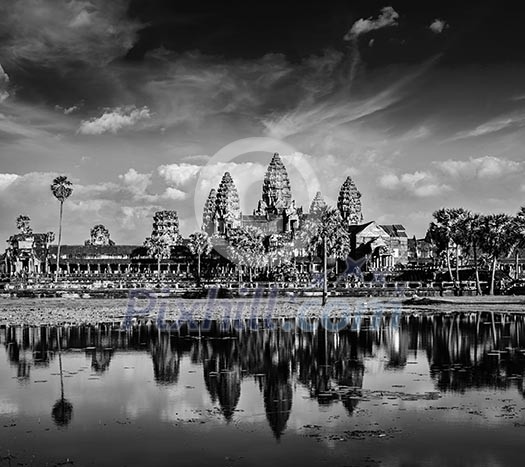 Cambodia landmark Angkor Wat with reflection in water. Black and white verson Cambodia landmark Angkor Wat with reflection in water. Black and white verson