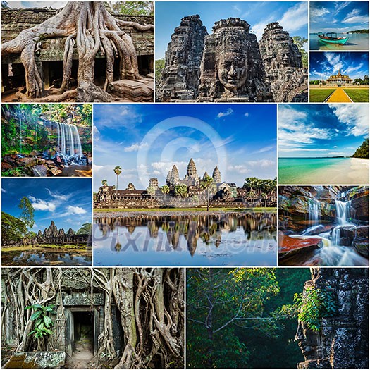 Collage of Cambodia travel images of tourist landmarks Collage of Cambodia travel images of tourist landmarks