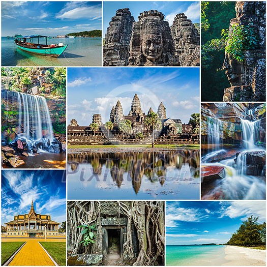 Collage of Cambodia travel images of tourist landmarks Collage of Cambodia travel images of tourist landmarks