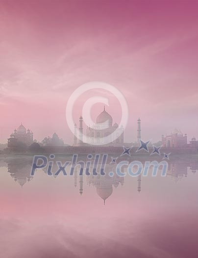 Taj Mahal on sunrise sunset reflection in Yamuna river panorama in fog, Indian Symbol - India travel background. Agra, Uttar Pradesh, India Taj Mahal on sunrise sunset reflection in Yamuna river panorama in fog, Indian Symbol - India travel background. Agra, Uttar Pradesh, India