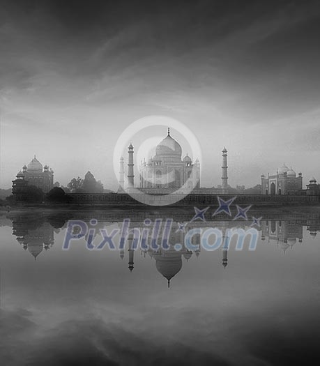 Taj Mahal with reflection in Yamuna river in fog, Indian Symbol - India travel background. Agra, Uttar Pradesh, India. Black and white version Taj Mahal with reflection in Yamuna river in fog, Indian Symbol - India travel background. Agra, Uttar Pradesh, India. Black and white version