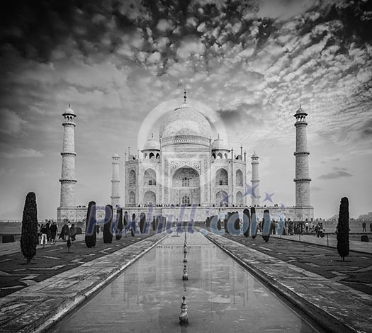Taj Mahal - Indian famous landmark. Agra, Uttar Pradesh, India. Black and white version Taj Mahal - Indian famous landmark. Agra, Uttar Pradesh, India. Black and white version