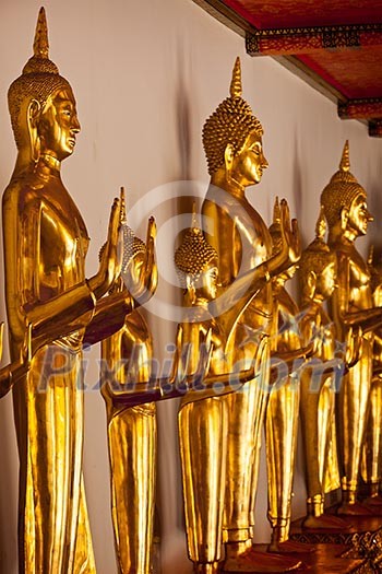Standing golden Buddha statues close up. Wat Pho temple, Bangkok, Thailand Standing golden Buddha statues close up. Wat Pho temple, Bangkok, Thailand