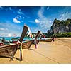 Long tail boats on tropical beach Railay beach in Thailand