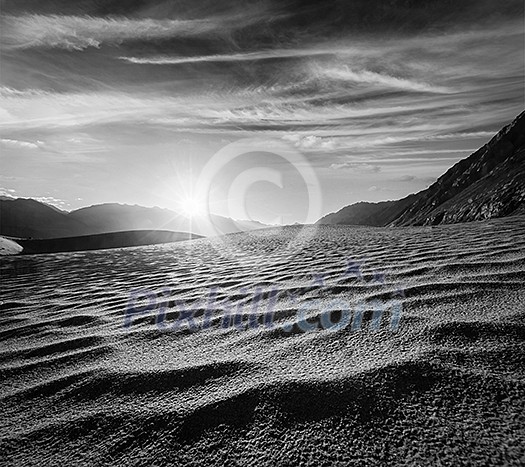 Sand dunes in Himalayas on sunrise. Hunder, Nubra valley, Ladakh, India. Black and white version Sand dunes in Himalayas on sunrise. Hunder, Nubra valley, Ladakh, India. Black and white version