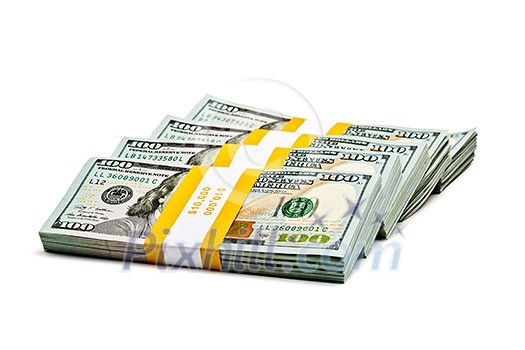 Creative business finance making money concept - stack of bundles of 100 US dollars 2013 edition banknotes bills isolated on white Creative business finance making money concept - stack of bundles of 100 US dollars 2013 edition banknotes bills isolated on white