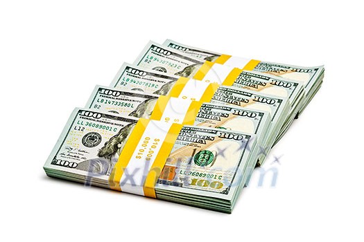 Creative business finance making money concept - stack of bundles of 100 US dollars 2013 edition banknotes bills isolated on white Creative business finance making money concept - stack of bundles of 100 US dollars 2013 edition banknotes bills isolated on white