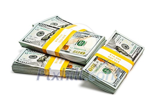 Creative business finance making money concept - stack of bundles of 100 US dollars 2013 edition banknotes bills isolated on white Creative business finance making money concept - stack of bundles of 100 US dollars 2013 edition banknotes bills isolated on white
