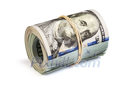 Money stash, finance reserve concept - roll of hundred dollar bills new 2013 year edition isolated on white Money stash, finance reserve concept - roll of hundred dollar bills new 2013 year edition isolated on white