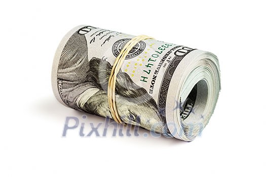 Money stash, finance reserve concept - roll of hundred dollar bills new 2013 year edition isolated on white Money stash, finance reserve concept - roll of hundred dollar bills new 2013 year edition isolated on white