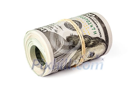 Money stash, finance reserve concept - roll of hundred dollar bills new 2013 year edition isolated on white Money stash, finance reserve concept - roll of hundred dollar bills new 2013 year edition isolated on white