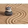 Japanese Zen stone garden - relaxation, meditation, simplicity and balance concept  - pebbles and raked sand tranquil calm scene