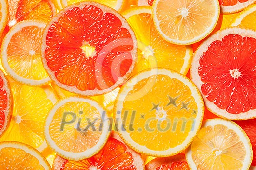 Colorful citrus fruit - lemon, orange, grapefruit - slices background. Backlit Colorful citrus fruit - lemon, orange, grapefruit - slices background. Backlit