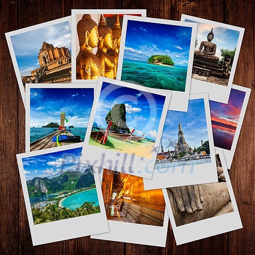 Thai travel tourism concept design - collage of Thailand images on wooden background Thai travel tourism concept design - collage of Thailand images on wooden background