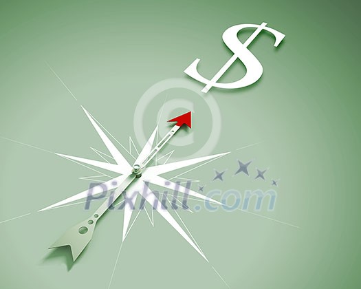 Conceptual image of compass directing at dollar symbol Conceptual image of compass directing at dollar symbol