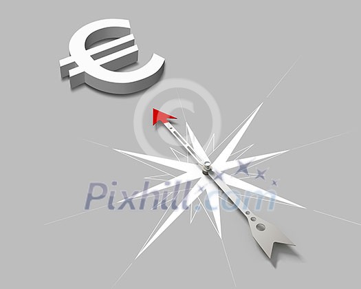 Conceptual image of compass directing at euro symbol Conceptual image of compass directing at euro symbol