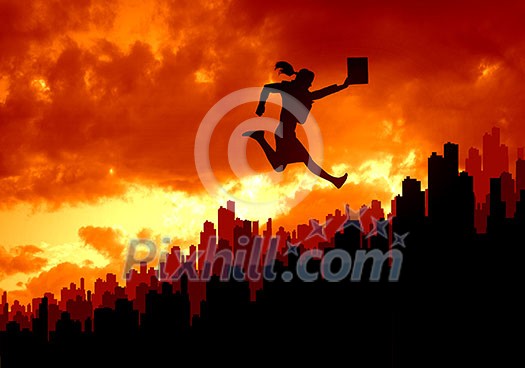 Silhouette of businesswoman jumping above city against sunset background Silhouette of businesswoman jumping above city against sunset background