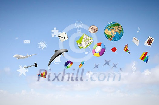 Background image with various items flying in air. Elements of this image are furnished by NASA Background image with various items flying in air. Elements of this image are furnished by NASA