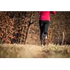 Young woman running outdoors on a lovely sunny winter/fall day (motion blurred image)