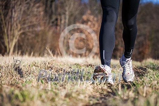 Jogging outdoors in a meadow (shallow dof, focus on the running shoe) Jogging outdoors in a meadow (shallow dof, focus on the running shoe)