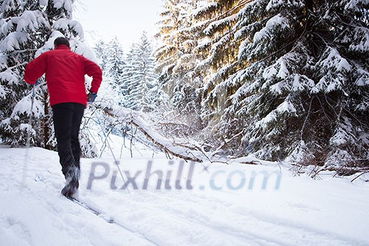 Cross-country skiing: young man cross-country skiing on a lovely sunny winter day