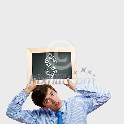 Handsome man holding frame with dollar sign Handsome man holding frame with dollar sign