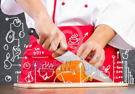 Close up of cook hands cutting vegetables with knife Close up of cook hands cutting vegetables with knife