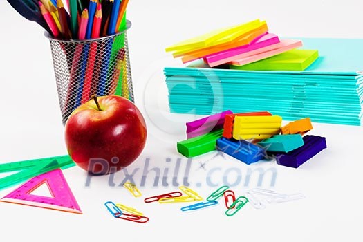Colored pencils plasticine papers and other school items Colored pencils plasticine papers and other school items
